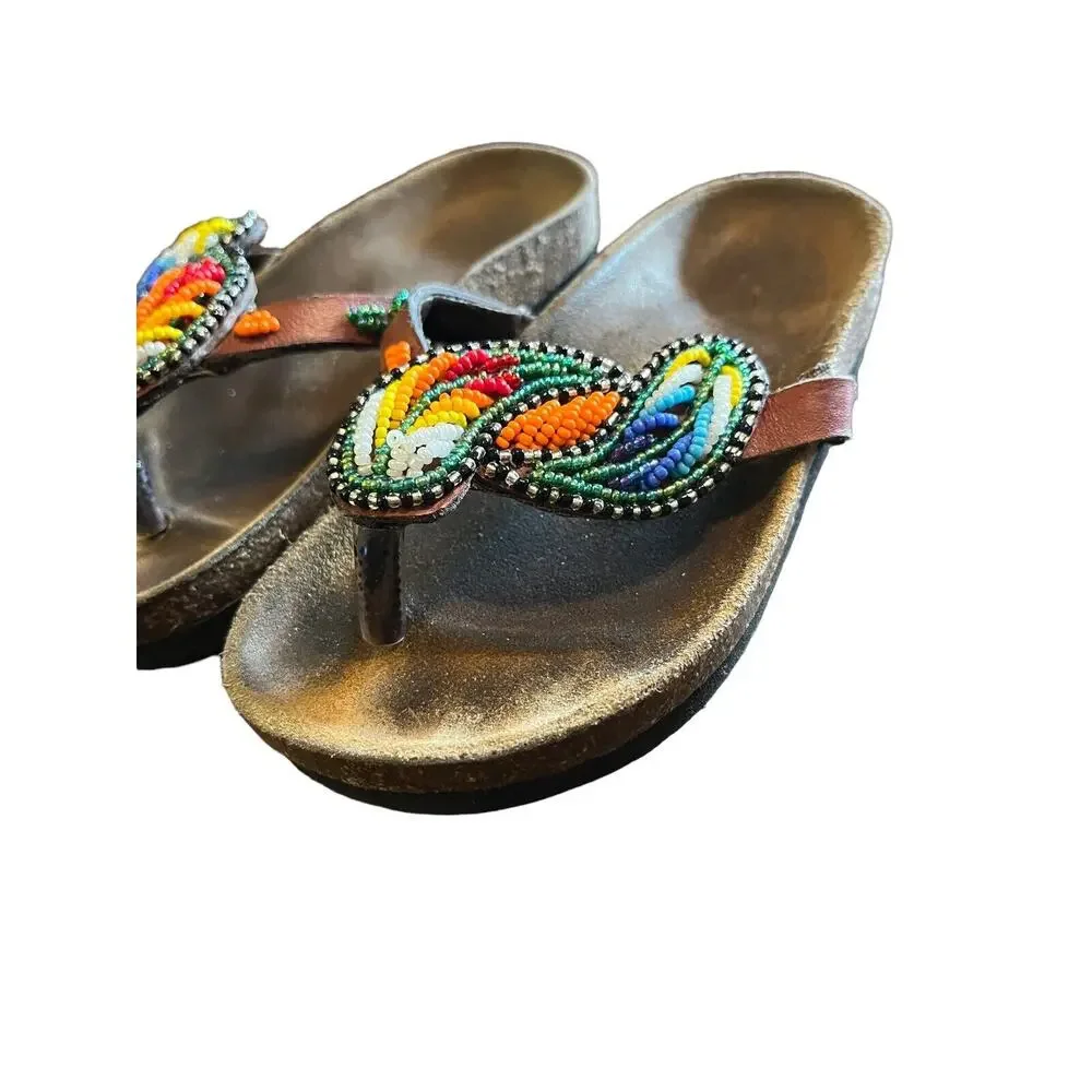 Beaded Leather Hand Crafted Sandals US Youth Sz 10 Unbranded Cork &‎ Leather